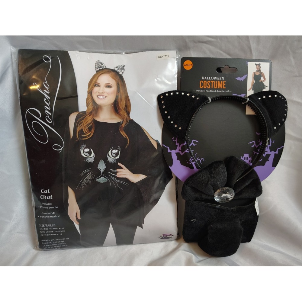 Adult Black Cat Poncho Ears Tail Bow Cosplay Costume Set - NEW NIP - One Size